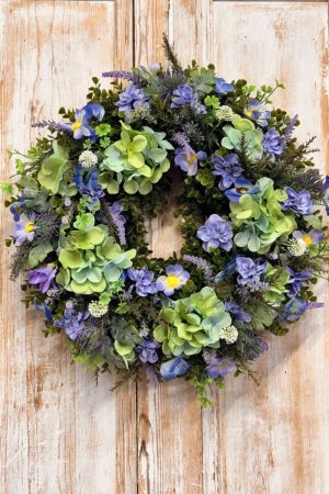 Lavender Wreath featuring Lavender, Hydrangeas, Cosmos, Iris, Heather, Delphinium buds, Mixed foliages including ferns and Eucalyptus.
