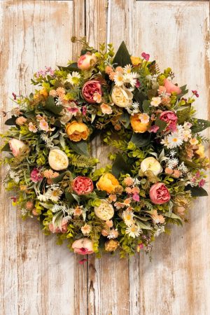 Peaches & Cream Wreath | Artifical Wreaths Hand Made for UK Delivery by Fine Flowers