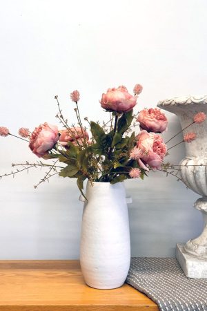 Pink Peony Stems and Pink Thistle Spray in a White Vase | Dried Flowers from {photographer]