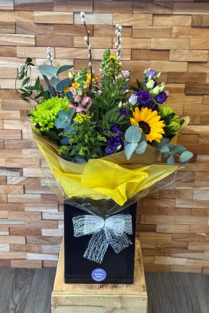 Summer Haze bouquet of Sunflowers, phlox, Lisianthus, bloom, Solidaster, Anthurium and Pussy Willow | Fresh Flowers from Fine Flowers